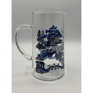 Vintage Glass Blue Willow Martini Pitcher w/ Applied Glass Handle